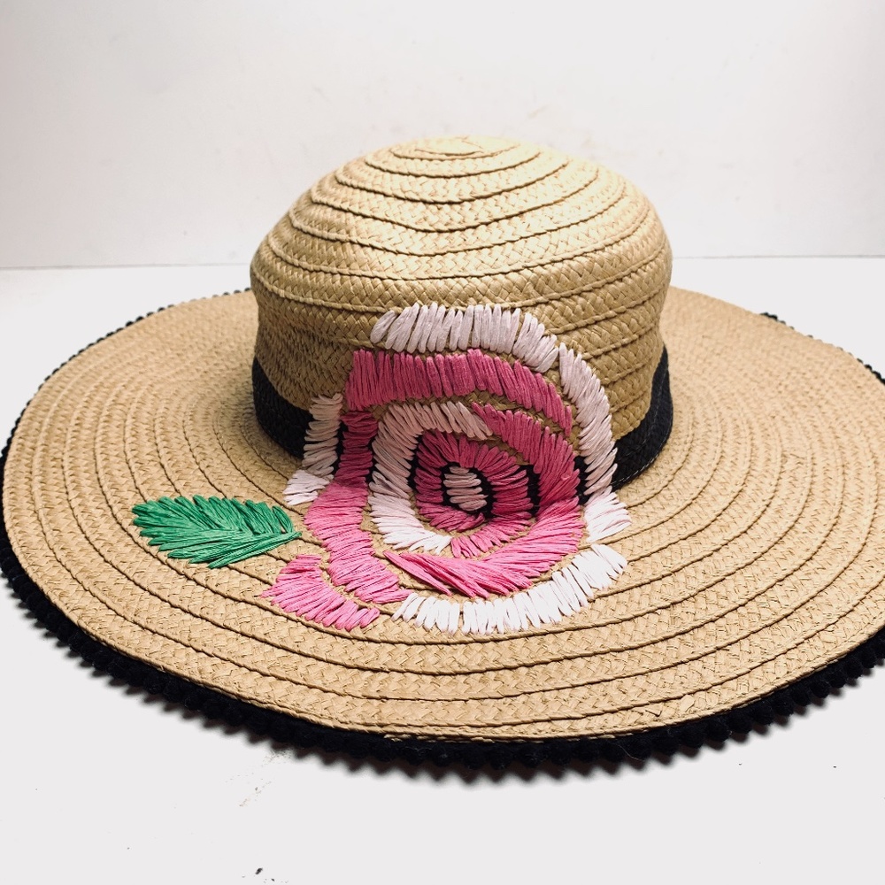 BETSEY JOHNSON Embroidered Straw Floppy Hat Floral